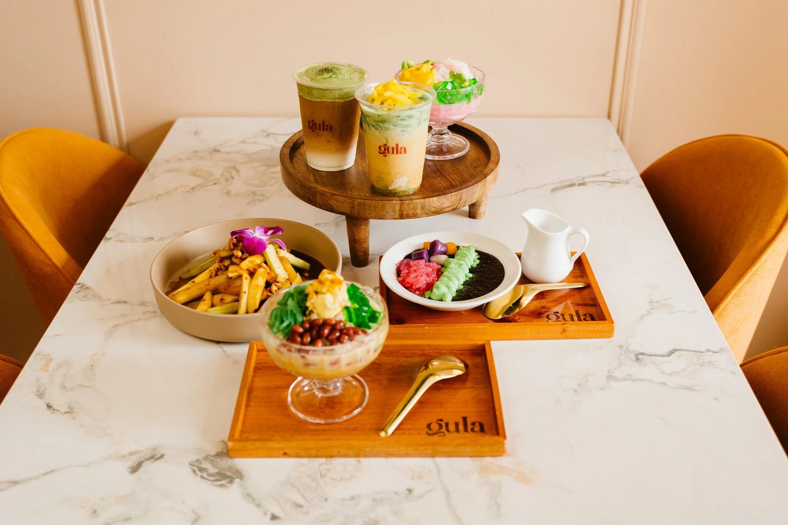A full Gula spread on a marble table